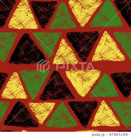 Hand drawn seamless pattern with african geometric ornament design print, Juneteenth freedom 1865 fabric, yellow green red black abstract shapes kente cloth, ethnic background. 87865299