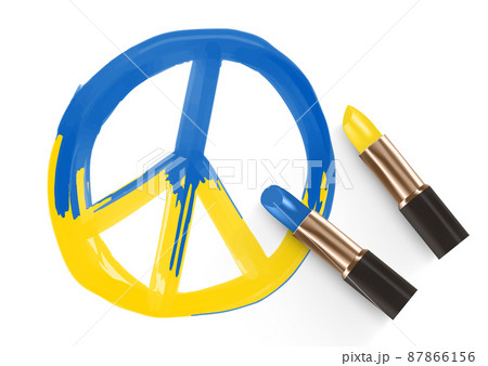 Peace icon with Ukraine national flag pattern drawing by Lipstick blue and yellow color, Pray for peaceful and Stop war concept design illustration isolated on white background with copy space, vector Peace icon with Ukraine national flag pattern drawing by Lipstick blue and yellow color, Pray for peaceful and Stop war concept design illustration isolated on white background with copy space, vector 87866156