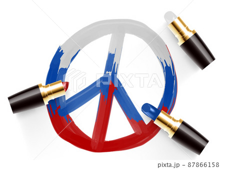 Peace icon with Russia national flag pattern drawing by Lipstick blue red and white color, Pray for peaceful and Stop war concept design illustration isolated white background with copy space, vector 87866158