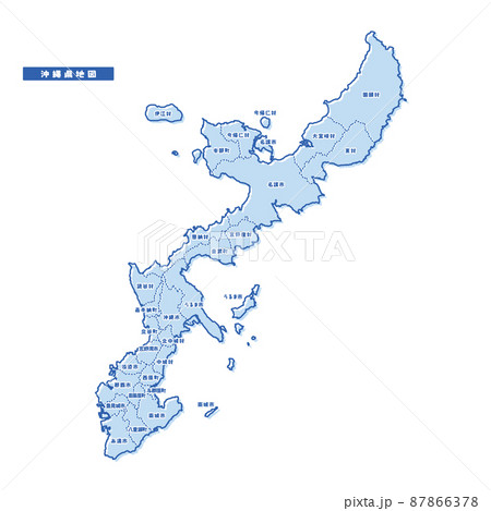 沖縄県地図 シンプル淡青 市区町村のイラスト素材