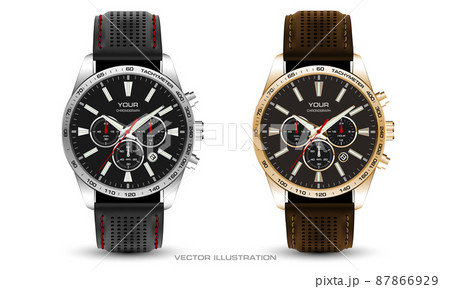 Realistic watch clock chronograph silver gold leather strap black brown collection on white design classic luxury vector 87866929