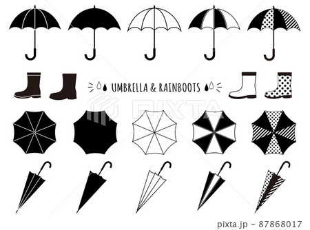 傘と長靴イラストセット モノクロシルエットのイラスト素材