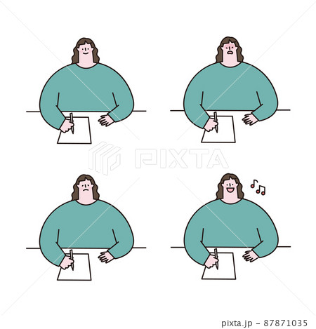 用紙に記入する女性のさまざまな表情セット_アウトラインあり 87871035