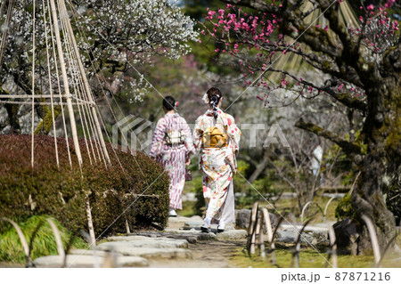 着物女子が散策する兼六園の写真素材
