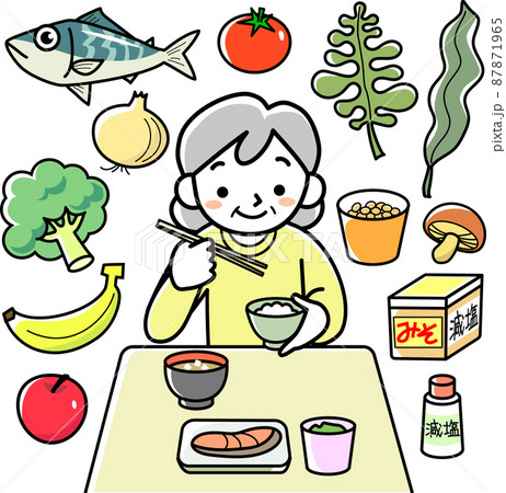 食事をするシニア女性と食品 87871965