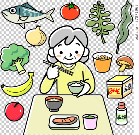 食事をするシニア女性と食品 87871965