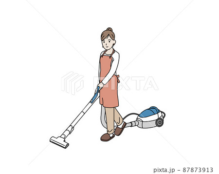 掃除機をかける主婦　エプロン姿の女性　掃除 87873913