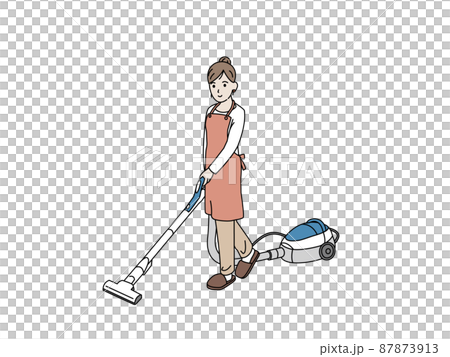 掃除機をかける主婦　エプロン姿の女性　掃除 87873913