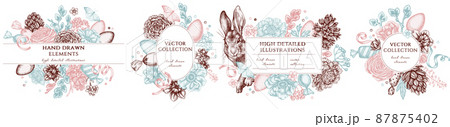 Easter hand drawn frame templates. Vintage illustrations of rabbit, eggs, willow branches, etc. Easter hand drawn frame templates. Vintage illustrations of rabbit, eggs, willow branches, etc. 87875402