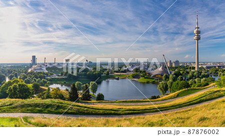 Munich Germany, panorama city skyline at Olympiapark garden 87876002