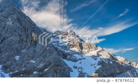 Garmisch Partenkirchen Germany, Zugspitze peak and Alps mountain range with Eibsee cable car 87876012