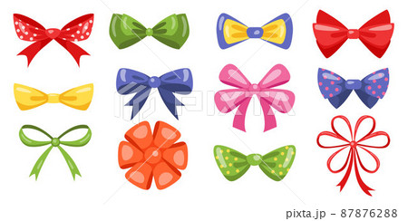 Bow tie ribbon. Cartoon fashion dress accessory, colorful bent ribbon bow. Vector isolated set colourful satin tie party 87876288