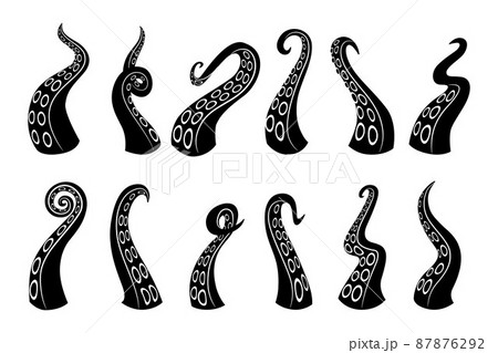 Black icons. Cartoon octopus squid and cuttlefish underwater animals arms. Vector silhouette logo illustration elements isolated tentacles marine octopus 87876292