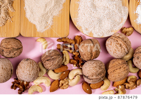 Various gluten free flour almond, walnuts, cashews, gluten free baking concept 87876479