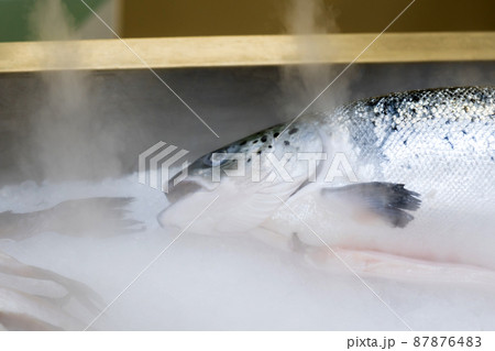 Fresh fish on the shelves of the hypermarket, cooled by cold steam. Selective focus 87876483