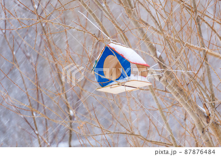 Wooden hand made big birdhouse. Bird and small animal feeder in winter forest. 87876484