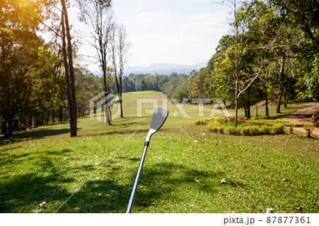 The golfer is pointing with a golf club. Showing a direction and measuring the trajectory. Green grass golf course 87877361