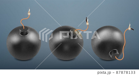 Realistic burning explosive bombs, 3d retro spheric bomb. Military explosive weapon, retro explosive dynamite bomb vector illustration set 87878133
