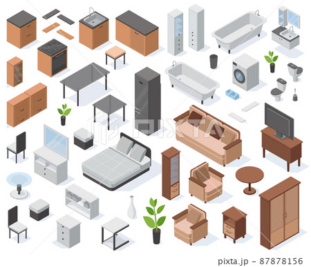 Isometric apartment 3d furniture, home interior elements. Modern living room, kitchen and bathroom elements vector illustration set. Apartment interior icons 87878156