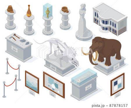 Isometric museum exhibits, ancient statue, art exhibition and archeology exposure. Dinosaur bones and mammoth vector illustration. Art objects and primitive people tools Isometric museum exhibits, ancient statue, art exhibition and archeology exposure. Dinosaur bones and mammoth vector illustration. Art objects and primitive people tools 87878157