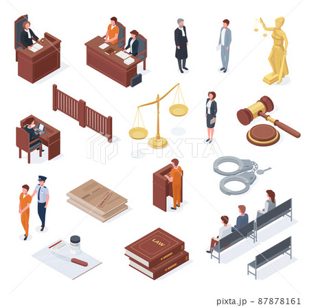 Isometric court, judge, litigation, lawyer, court and jurors. Judiciary pass and acquittal sentence vector illustration set. Justice and jury symbols 87878161