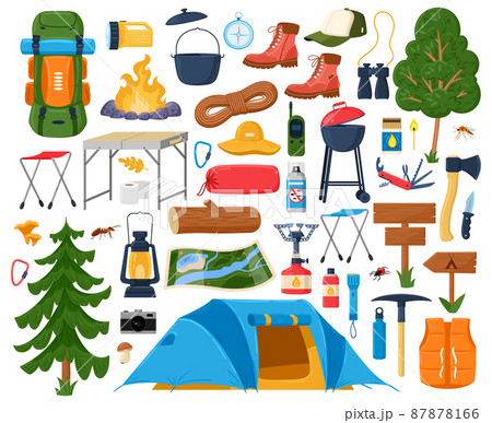 Cartoon hiking equipment, tourist camping campfire, tent and sleeping bag. Torch lighter, binoculars, barbecue grill and boots vector illustration set. Tourist elements 87878166