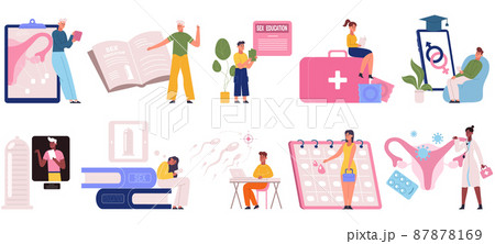 Sexual education, health and reproduction system lesson. Human sexuality, sexual behaviour of people vector illustration set. Sexual health lesson 87878169