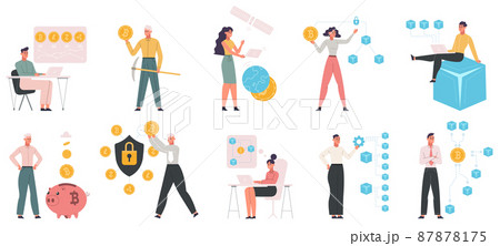 Cryptocurrency, bitcoin and blockchain data technologies. Modern digital money mining vector illustration set. Business people crypto coins mining 87878175