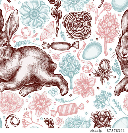 Easter seamless pattern background design. Engraved style. Hand drawn rabbit, eggs, willow branches Easter seamless pattern background design. Engraved style. Hand drawn rabbit, eggs, willow branches 87878341