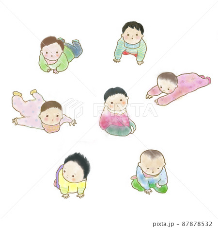 ハイハイやおすわりする赤ちゃんの集まりのイラスト素材