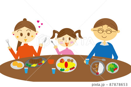 外食でファミレスに行き 家族それぞれ好きな物を食べるファミリーの食事イラスト お子様ランチのイラスト素材