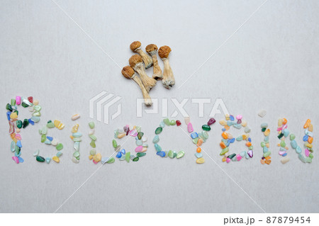 "Psilocybin" inscription. Psychedelic mushrooms on textured background. "Psilocybin" inscription. Psychedelic mushrooms on textured background. 87879454
