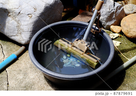 Wet old  cleaning mob in water plastic basin. 87879691