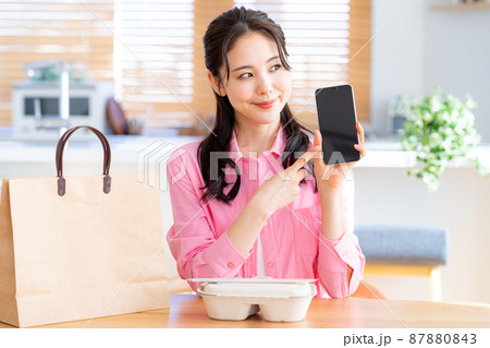 スマホの画面を指差す若い女性 87880843