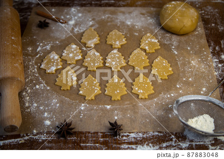 A lot of cookies cut out of the dough in the form of Christmas trees lies on the baking paper in flour, there is a rolling pin and dough next to it. High quality photo A lot of cookies cut out of the dough in the form of Christmas trees lies on the baking paper in flour, there is a rolling pin and dough next to it. High quality photo 87883048
