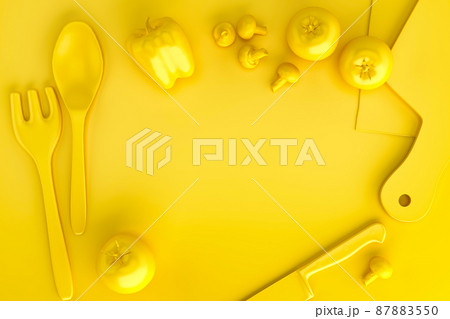 Frame of vegetables and kitchen utensils with copy space. Top view. 3D illustration Frame of vegetables and kitchen utensils with copy space. Top view. 3D illustration 87883550