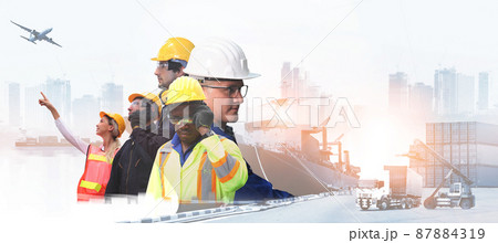 The world logistics , there are world map with logistic network distribution on background and Logistics Industrial Container Cargo freight ship for Concept of fast or instant shipping 87884319