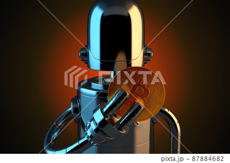 Robot holding bitcoin with fingers. 3D illustration. Contains clipping path 87884682