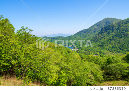 赤城公園　大沼　赤城山　小沼付近　関東ふれあいの道からの眺め　初夏の風景　　 87886339