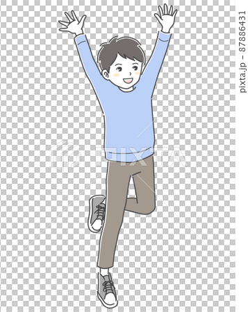 Illustration material of a boy who raises both hands and jumps with a smile 87886431