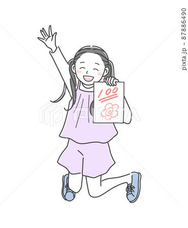 テストで100点をとって喜ぶ女の子のイラスト素材 87886490