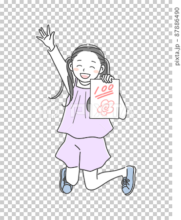 テストで100点をとって喜ぶ女の子のイラスト素材 87886490