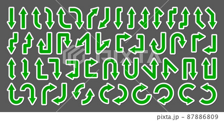 Colorful arrow stickers set. Green pointers collection. Simple arrows in different shapes. Direction 87886809