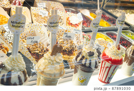 Belgian waffles with colorful toppings on showcase. Brussels Belgian waffles with colorful toppings on showcase. Brussels 87891030