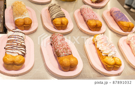 Belgian penis shape waffles with toppings on showcase. Brussels Belgian penis shape waffles with toppings on showcase. Brussels 87891032