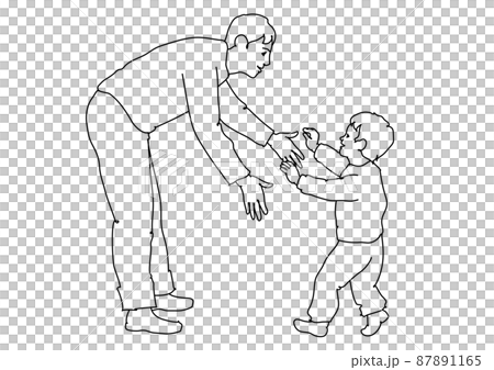 A young father who bends down and welcomes a little boy Monochrome line drawing 87891165