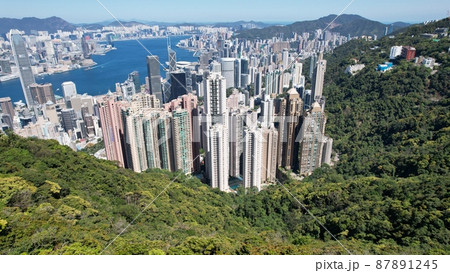 hong kong central financial district drone point of view  87891245