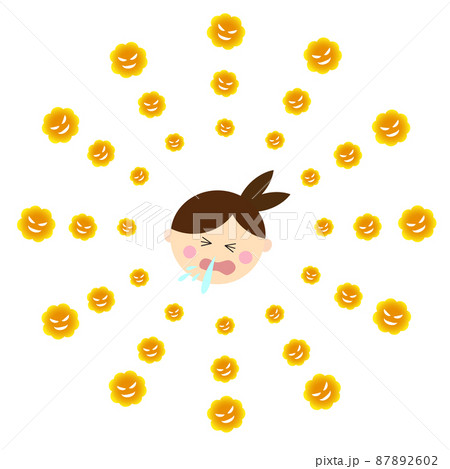 花粉症の女の子がくしゃみをしているイラスト 花粉が飛ぶイメージアイコン のイラスト素材