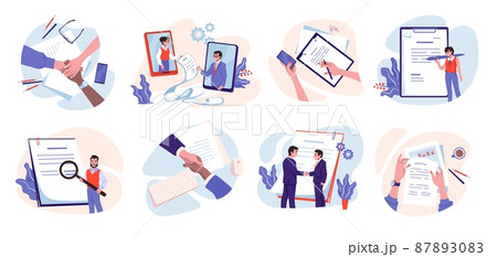 Cartoon hands write. Arms with pens or pencils signing documents and contracts. Agreement concept. Communication or handshake. People meeting and make deal. Vector negotiations set 87893083