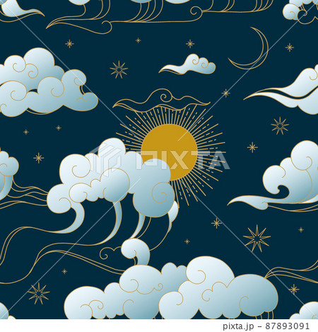 Chinese clouds pattern. Seamless print with traditional oriental art. Sky precipitation. Blowing wind. Sun and crescent. Cloudscape background. Stratocumulus and stars. Vector texture 87893091